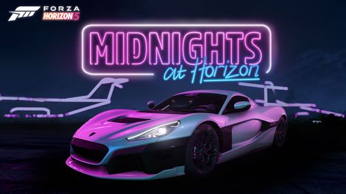 The 2021 Rimac Nevera in silver with the Midnights at Horizon neon sign behind in purple and blue, reflecting on the car surface.