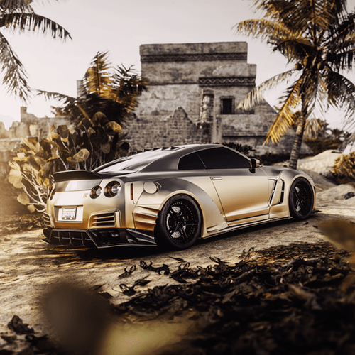 An in-game photograph from Forza Horizon 5 is displayed. It is of a luxurious-looking silver car with gold lighting reflections on it. It is parked on the sand next to palm trees and a historic Aztec temple site.