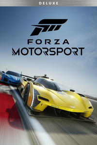 A picture showing the yellow number 01 Cadillac Racing V-Series.R with a blue 2024 Chevrolet Corvette E-Ray just behind it to the left and they are racing on a circuit with clear blue skies above and the Forza Motorsport logo above them.